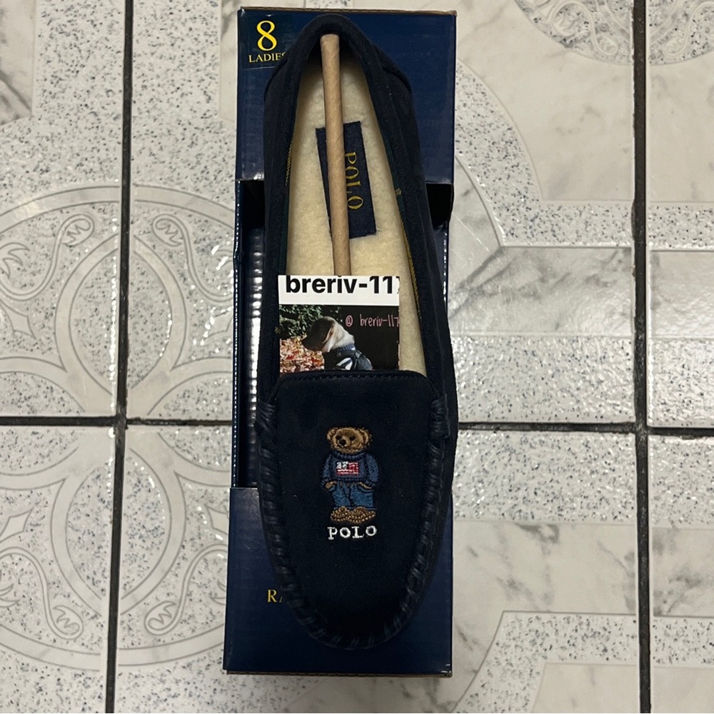 New Polo Ralph Lauren Moccasin Slipper Navy Blue Polo Bear Women’s Size 8